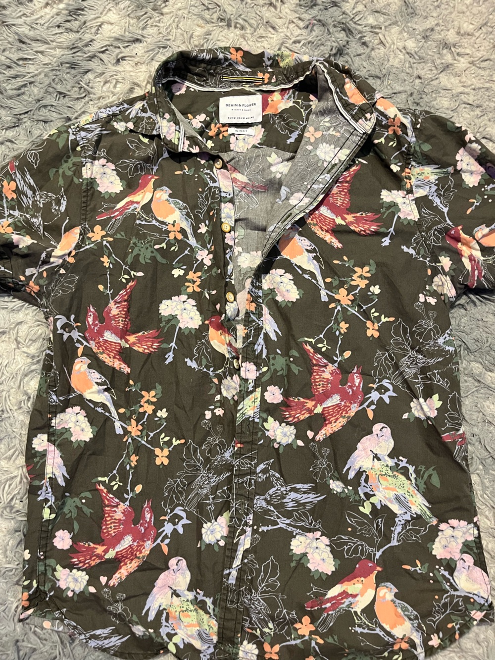 Denim & Flower Olive Floral & Bird Print Short Sleeve Shirt
